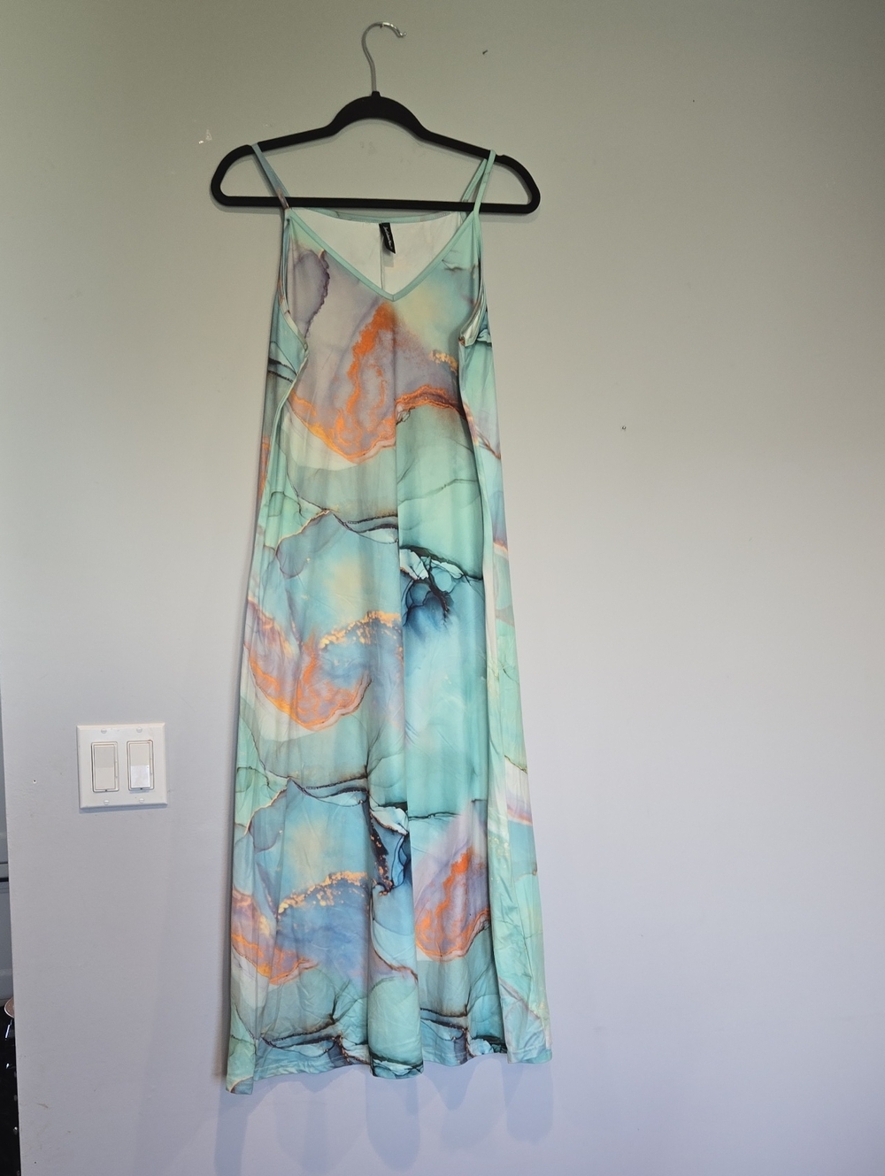 Aqua Marble-Print Slip Maxi Dress with Orange Accents